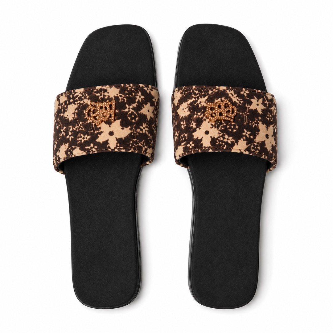 Womens Black Monogram Print Slide Sandals